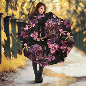 Cottagecore Floral Skull Print Umbrella, Boho Witch Umbrellas, Gothic Gifts for Her, Windproof Umbrella, Print Umbrella