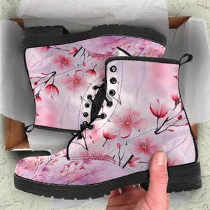 Snowy Pink Winter Flowers Vegan Leather Boots, Unisex Adult Shoes Birthday Gifts for Her Combat Boots