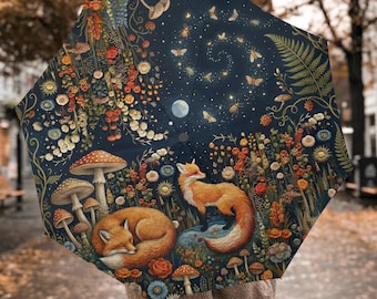 Midnight Woodland Fox & Fireflies Umbrella, Automatic Folding Windproof Rain Umbrella, Cottagecore Gift