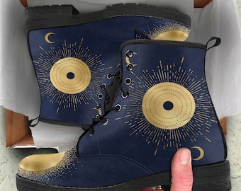 Combat Boots Navy Blue Celestial Tarot Vegan Leather Boots, Birthday Gifts for Her Casual Shoes