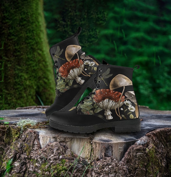 Mushroom Patterned Black Boots Dark Cottagecore Faux Embroidery Mushroom Combat Boots  main image 3