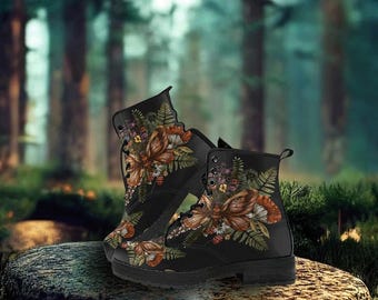 Mushroom And Floral Combat Boots, Cottagecore Platform Boots, Vegan Leather Boots For Women, Forager Lace Up Boots, Goblincore Gift