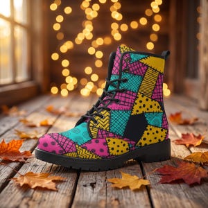 May include: A high-top lace-up boot featuring a vibrant patchwork design with alternating panels of bright pink, teal, and yellow. The pattern includes various graphic details such as black polka dots, cross-hatching, and wavy lines.