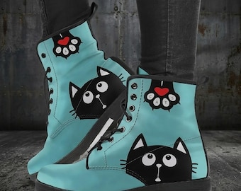 Black Cat Vegan Leather Combat Boots: Custom Women's Fashion