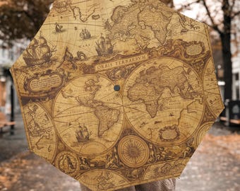 Vintage World Map Umbrella, Antique Old World Automatic Folding Umbrella, Nautical Rain Umbrella, Dark Academia Gift, Traveler Gift