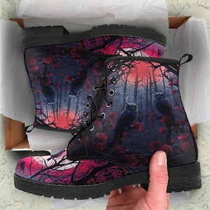 Red Gothic Forest and Thorned Roses Vegan Leather Boots, Gothic Gifts for Her Combat Boots Custom Shoes Women