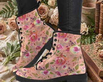 Floral Combat Boots: Vegan Leather Roses & Peonies