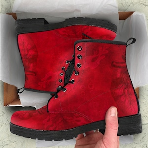 Combat Boots Red Gothic Heart Vegan Leather Boots