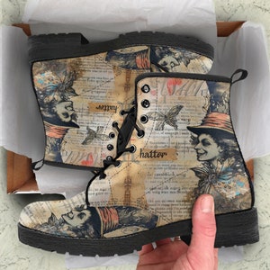 Gothic Alice Wonderland Vegan Leather Boots, Combat Boots Gothic Gifts for Girlfriend Women Festival Boots