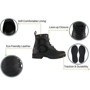 Boot features diagram highlighting soft comfortable lining, lace-up closure, eco-friendly vegan leather exterior, and rubber traction sole