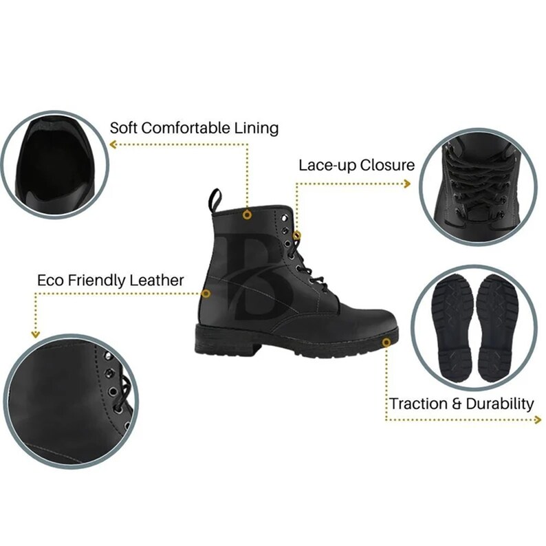 Boot features diagram highlighting soft comfortable lining, lace-up closure, eco-friendly vegan leather exterior, and rubber traction sole