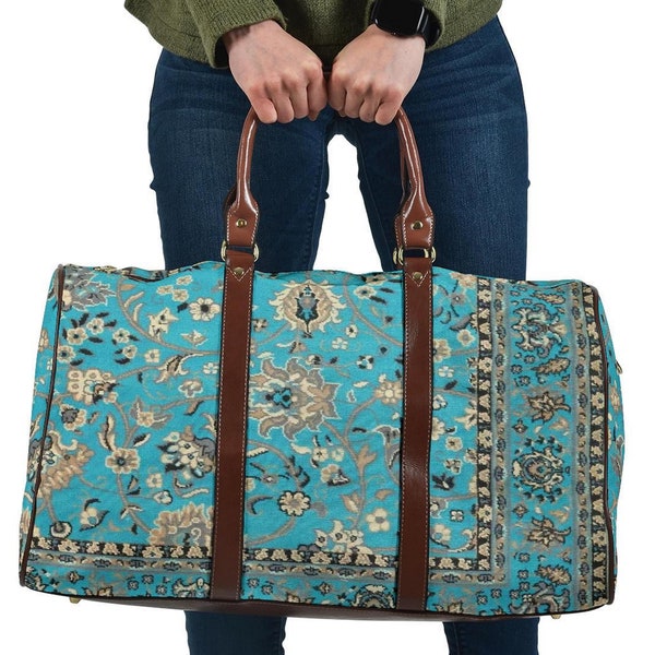 Vieux sac de voyage tapis bleu sarcelle de grand-mère, cadeaux personnalisés, sac polochon, cadeau pour maman, week-end, sac de voyage pour la nuit