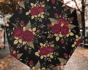 Royal Red Roses & Gold Leaves Umbrella, Automatic Folding Windproof Rain Umbrella, Gothic Victorian Gift