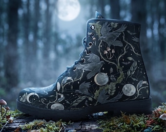 Midnight Ravens Moon Vegan Leather Combat Boots, Whimsigoth Gothic Celestial Platform Boots Women, Witchy Raven Ankle Boots, Gift