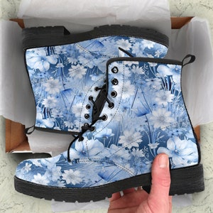 Blue Winter Flowers Vegan Leather Boots, Birthday Gifts for Her Combat Boots Casual Cute Shoes