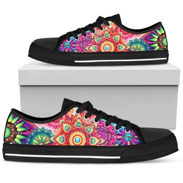 Gift for Her, Womens Sneakers, Bright Mandala Style Design, Women's Low Tops Colorful (Black Sole) "Converse Style" Canvas Sneakers.
