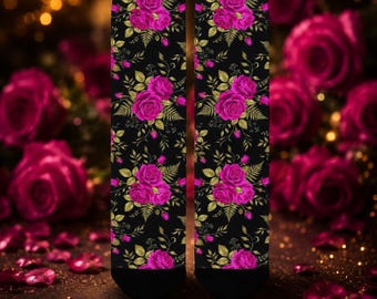 Fuchsia Roses & Gold Leaves Crew Socks for Women – Gothic Glam Socks, Made in USA