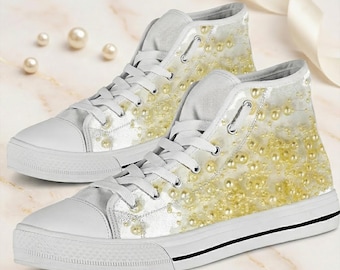 Pearl Bridal High Top Sneakers, Custom Wedding Shoes For Bride, Pearl Womens Sneakers, Bridal Canvas Shoes, Gift For Brides