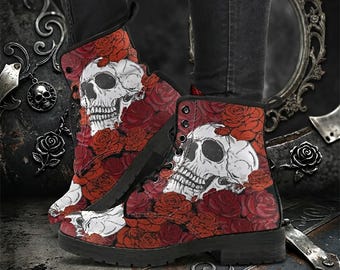 Veganistische leren gevechtslaarzen Skull & Roses: gothic-stijl