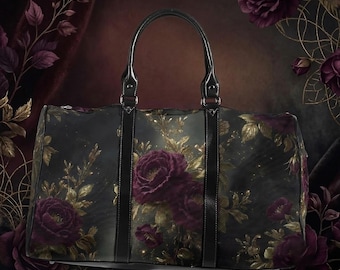 Plum Rose Weekender Bag, Dark Gothic Duffle Bag, Moody Floral Gym Bag, Victorian Overnight Bag, Gothic Gift For Her