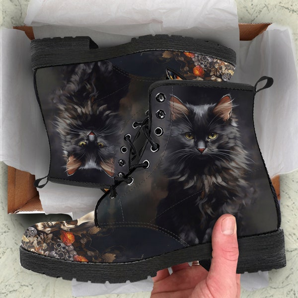 Gothic Cat Bookmark Vegan Leather Boots, Animal lover Gifts for Her Combat Shoes Goth Boots