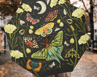 Lunar Moth Garden Umbrella, Automatic Folding Windproof Rain Umbrella, Celestial Witchy Gift for Her