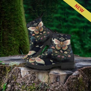 Butterfly Women&#39;s Vegan Leather Combat boots, Animal Lover Gifts for Her, Platform Boots,  Casual Cute Shoes