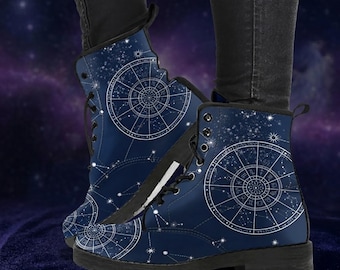 Botas de combate con estampado de cielo estrellado del zodiaco, botas de cuero vegano, zapatos casuales