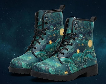Teal Cosmic Clouds & Golden Stars Vegan Leather Combat Boots: Celestial Witchy Gift