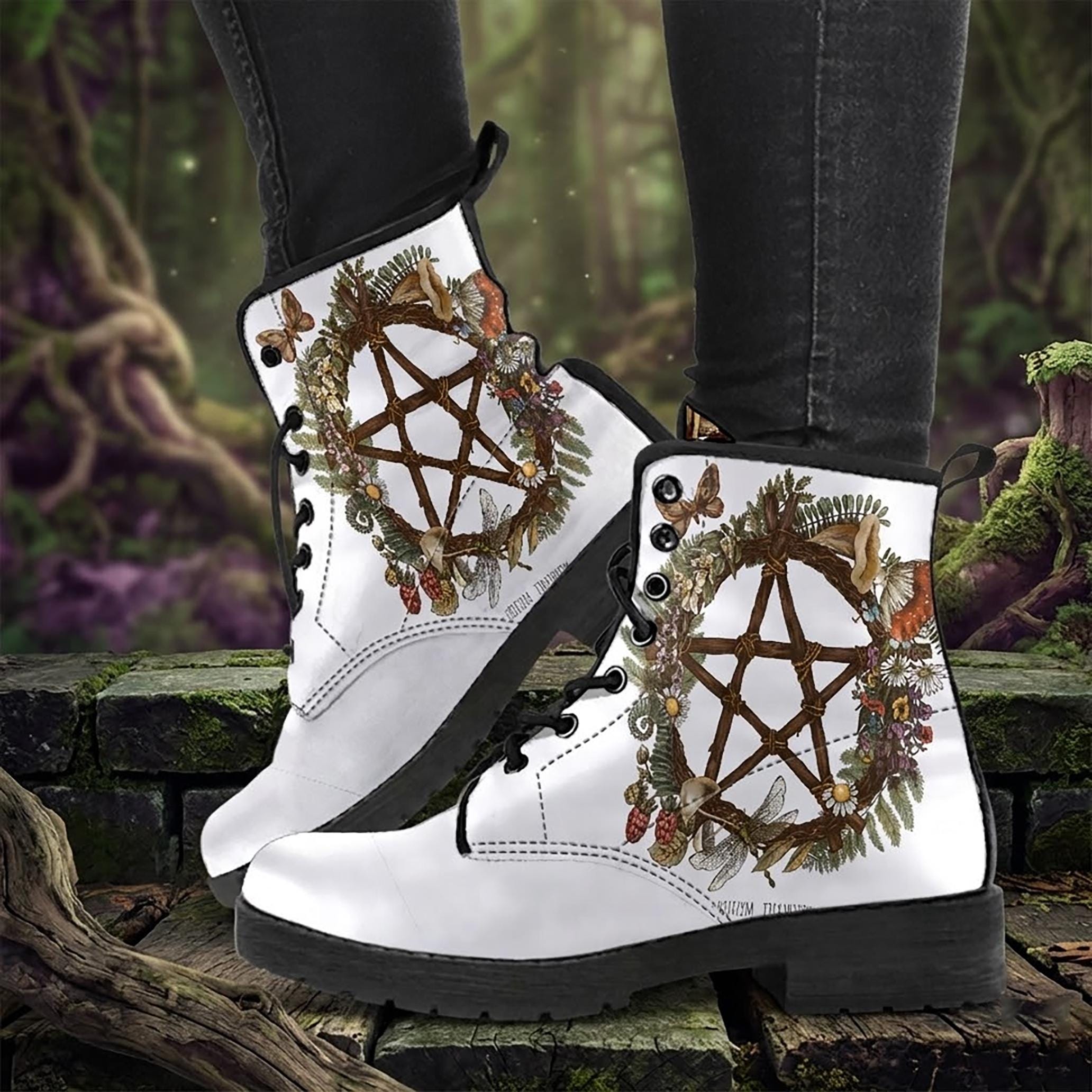 Womens Vegan Leather Combat Boots – Mystic Flora & Fungi Pentagram