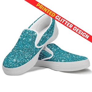 Women&#39;s Blue Sparkle Glitter Custom Slip Ons,  Casual Gifts for Her Vans Style Cute Shoes