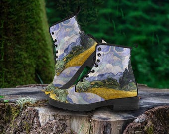 Botas de combate de piel vegana con estampado "Campo de trigo" de Van Gogh