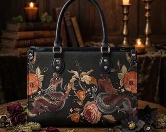 Torba ze skóry wegańskiej Dragon Roses, torebka na ramię Witchy Dark Cottagecore