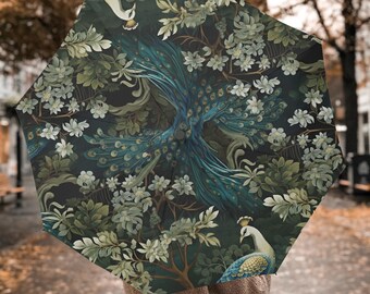 Cottagecore Peacock Umbrella, William Morris Floral Automatic Folding Umbrella, Victorian Rain Umbrella, Dark Academia Gift, Peacock Gift
