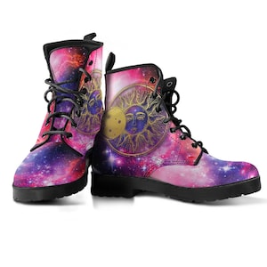Combat Boots  Galaxy Sun Moon Women&#39;s Leather Boots, Birthday Gifts for Mom Casual Cute Shoes