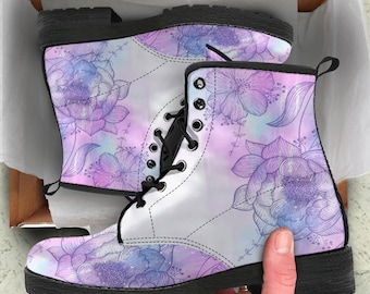 Combat Boots Flower Leather Boots,  Walking Winter Mother's Day Gifts for Her Casual Shoes