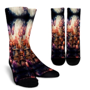 Butterfly Whimsical library Crew Socks, Birthday Gifts for Her, Printed Socks, Crew Socks, Animal Socks