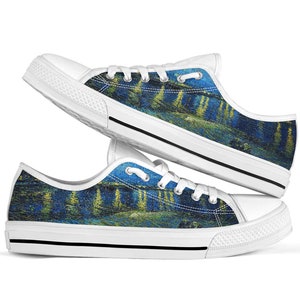 Women&#39;s Starry Night Over the Rhone after Custom Low top Sneakers, Casual Cute Shoes Tie Sneakers