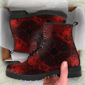 Red and Black Leather Combat Boots, Girlfriend Gifts Birthday Custom Casual Shoes Vegan Leather