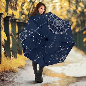 Zodiac Starry Sky Seamless Pattern Print Umbrellas, Mother&#39;s Day Gifts for Her Windproof Large Umbrella