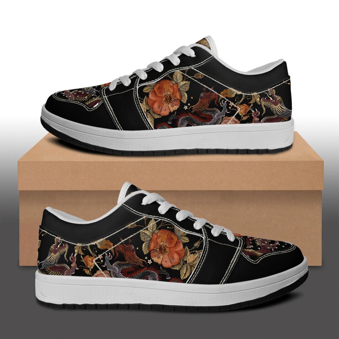 Two Chinese Dragons With Rose Flowers Low Top Vegan Leather Sneakers ...