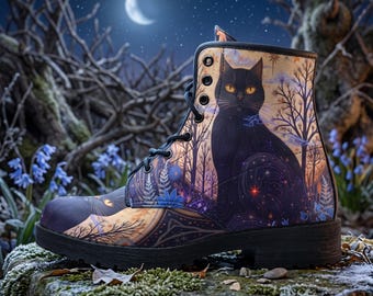 Witchy Black Cat Vegan Leather Combat Boots, Celestial Cottagecore Platform Boots Women, Folk Art Cat Lover Ankle Boots, Gift