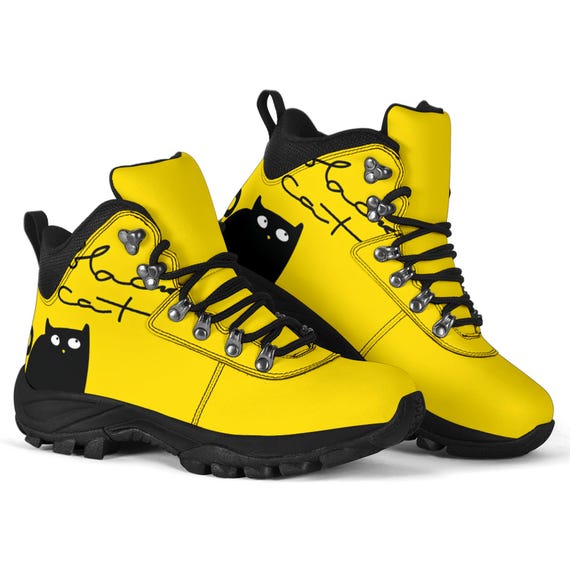 Black Cat Print Alpine Boots: Yellow Vegan Leather Winter  display picture 2