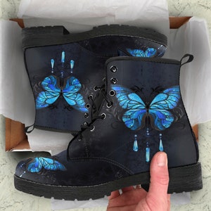 Combat Boots Blue  butterfly Leather Boots, Mother&#39;s Day Gifts for Woman Casual Shoes