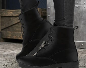 Midnight Black Vegan Leather Combat Boots: Women's Casual Shoes