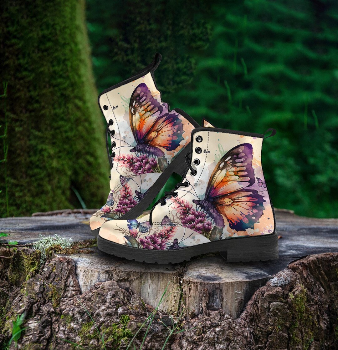 Watercolor Butterfly Floral Vegan Custom Leather Boots, Animal