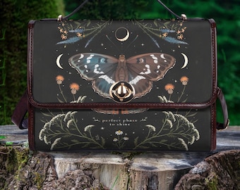 Schmetterling Mond Phase Handtasche, Vegan Leder Tasche, Wunderliche Botanische Geldbörse, Fairycore Himmlische Motte Geschenk für Sie