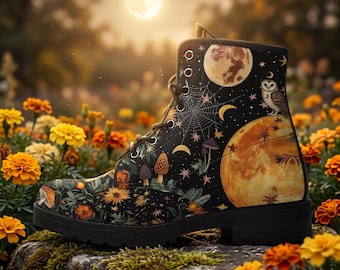 Midnight Moon Garden Owls Vegan Leather Combat Boots, Celestial Witchy Platform Boots Women, Night Owl Mushroom Ankle Boots, Gift