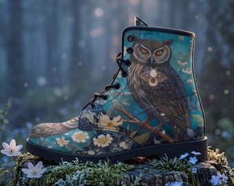 Cottagecore Majestic Owl Vegan Leather Combat Boots, Whimsical Art Nouveau Platform Boots Women, Teal Owl Moth Ankle Boots, Gift