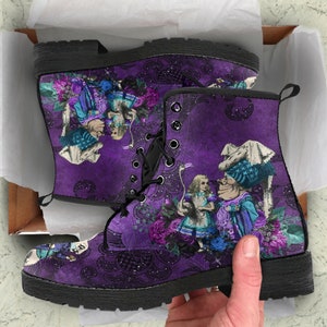 Combat Boots Women's Alice in Wonderland Leather Boots, Purple Lace Print Birthday Gifts Idea Custom Uqiue Shoes